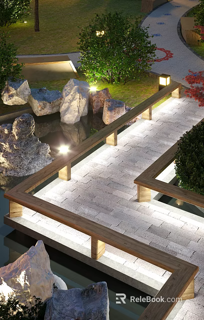 Scenic Outdoor Pathway Design With Stone Pavement Wooden Railings And Landscape Lighting 3d model 