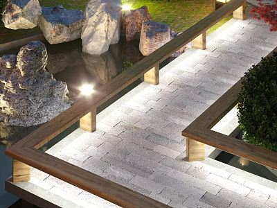 Scenic Outdoor Pathway Design With Stone Pavement Wooden Railings And Landscape Lighting 3d model