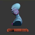Game Movie Character Blue Alien Bust With Red Pedestal Floating Colorful Sphere And Necklace