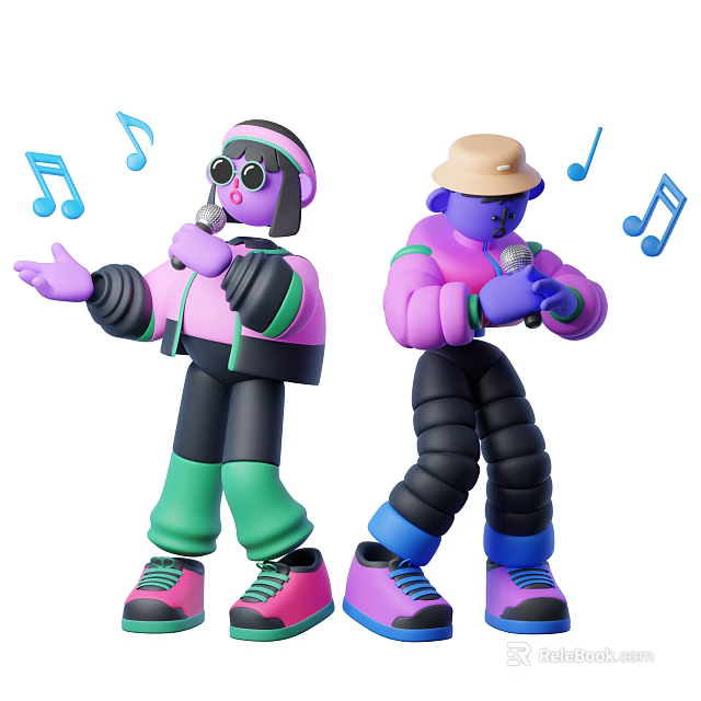 Men Singing With Microphones In Colorful Outfits Hats And Sunglasses With Musical Notes 3d model 