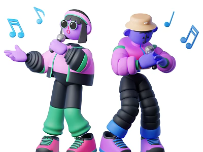 Men Singing With Microphones In Colorful Outfits Hats And Sunglasses With Musical Notes 3d model