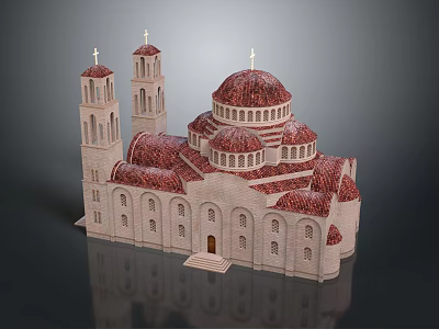Cartoon Church Scene With Red Domes Towers Spires And Beige Walls 3d model