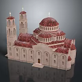 Cartoon Church Scene With Red Domes Towers Spires And Beige Walls