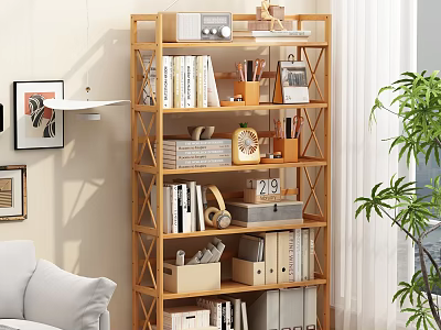 Modern Wooden Bookshelf With Multiple Shelves Books Decorative Items And Storage Boxes In Living Room 3d model