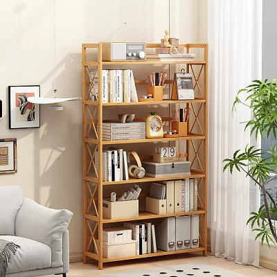 Modern Wooden Bookshelf With Multiple Shelves Books Decorative Items And Storage Boxes In Living Room 3d model