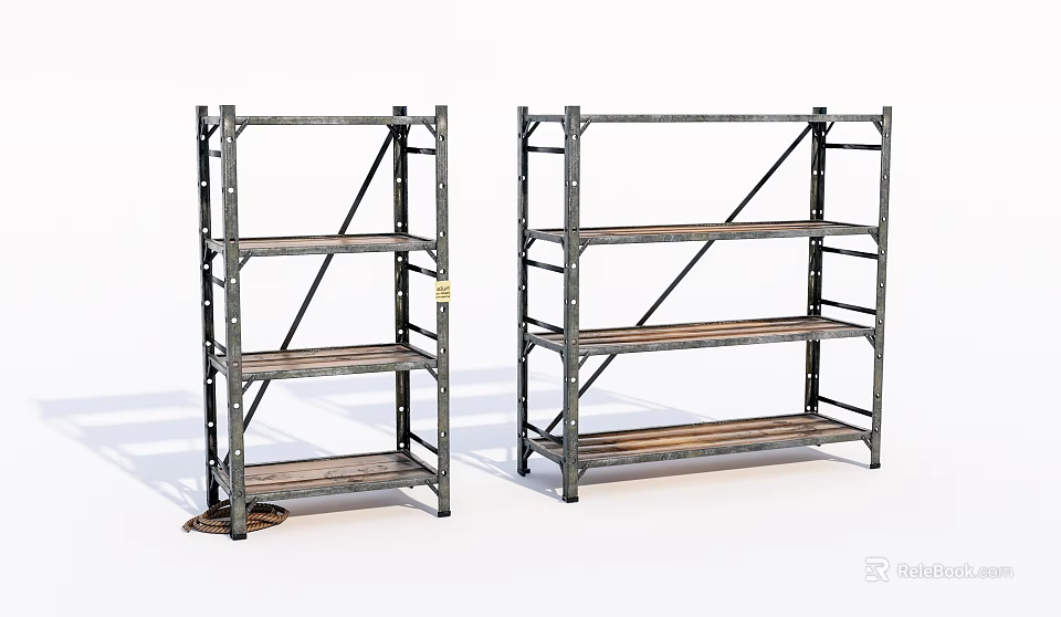 Two Industrial Metal Frame Storage Shelves With Four Tier Wooden Shelves For Home Storage 3d model 
