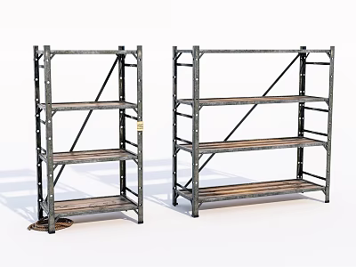 Two Industrial Metal Frame Storage Shelves With Four Tier Wooden Shelves For Home Storage 3d model