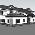 Traditional Chinese Detached Villa With Black Tiled Roof Overhanging Eaves And Symmetrical Design