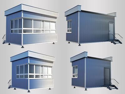 Blue Prefabricated Cabins With Windows Doors And Stairs Shown In Various Angles 3d model