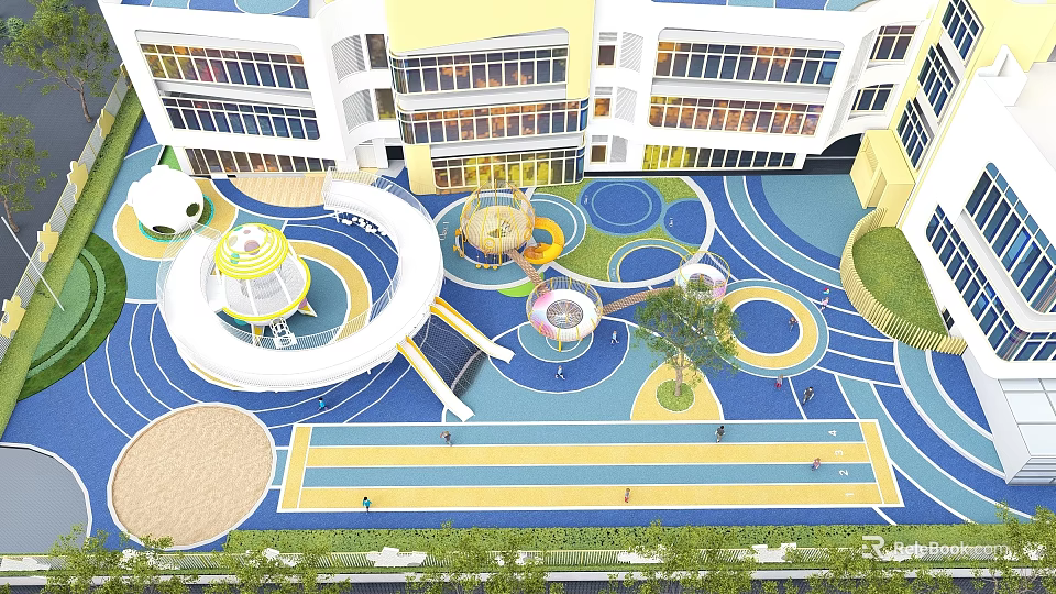 Colorful Outdoor Playground With Circular Designs Slides And Building Background 3d model 