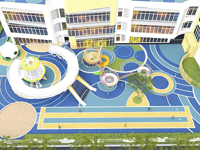 Colorful Outdoor Playground With Circular Designs Slides And Building Background 3d model