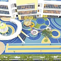 Colorful Outdoor Playground With Circular Designs Slides And Building Background