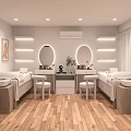 Modern Blue And White Beauty Salon Interior With Balcony Railings Tables Chairs Sofa And Chandeliers