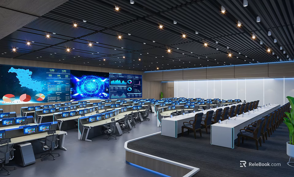 Modern Monitoring Room Interior With Digital Screens And Control Desks 3d model 