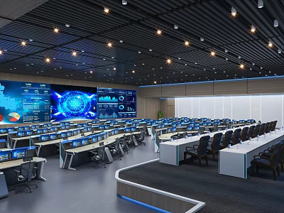Modern Monitoring Room Interior With Digital Screens And Control Desks 3d model
