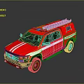 Red Fire Rescue Pickup Truck With Roof Ladder And White Stripes