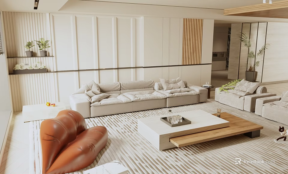 Modern Living Room With Light Sofas And Unique Brown Chair 3d model 