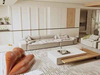 Modern Living Room With Light Sofas And Unique Brown Chair 3d model