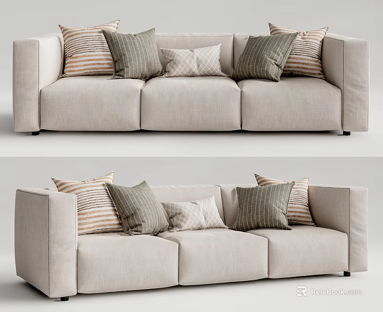 Stylish Modern Beige Upholstered Sectional Sofa With Multiple Decorative Pillows 3d model