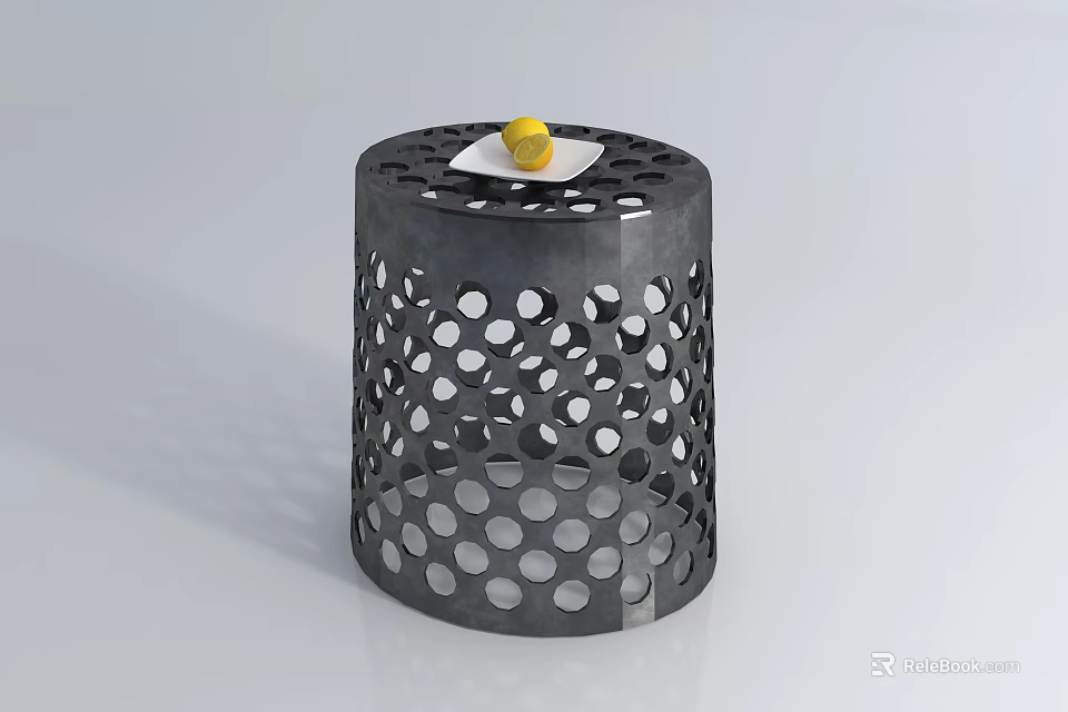 Modern Gray Cylindrical Coffee Table With Perforated Surface And Yellow Fruit On White Plate 3d model