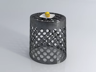 Modern Gray Cylindrical Coffee Table With Perforated Surface And Yellow Fruit On White Plate 3d model
