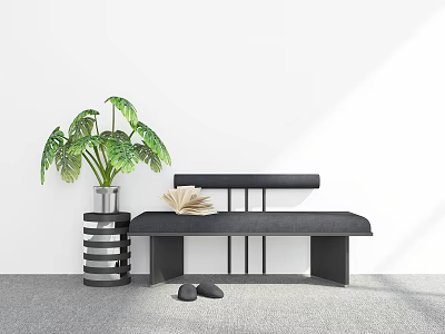 Modern Shoe Bench with Green Plant Vase Slippers and Book in Entryway 3d model
