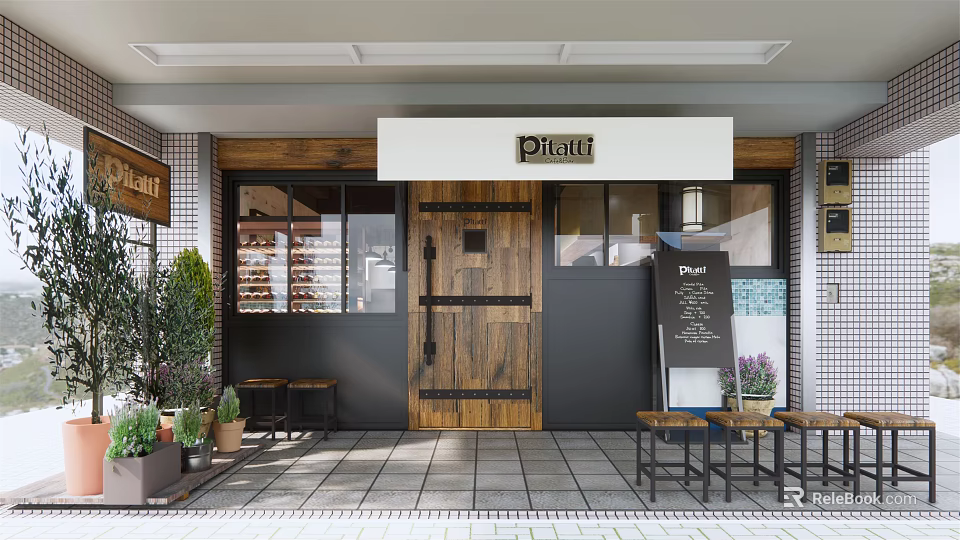 Phait Mall Shop Exterior With Wooden Door Glass Windows Outdoor Seating Plants And Tile Floor 3d model 