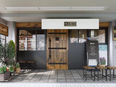 Phait Mall Shop Exterior With Wooden Door Glass Windows Outdoor Seating Plants And Tile Floor 3d model