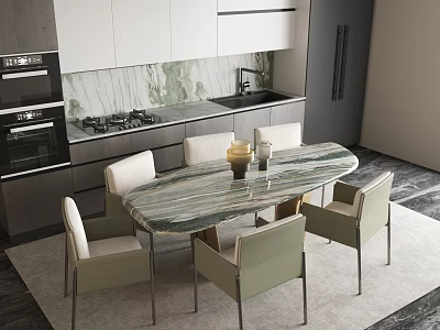 Modern Kitchen Interior With Elegant Marble Top Table And Stylish Chairs Set 3d model