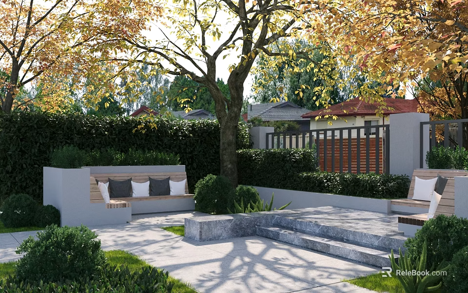 Tranquil Garden Landscape with Yellow Leaf Trees Stone Benches Paved Area and Trimmed Hedges 3d model 