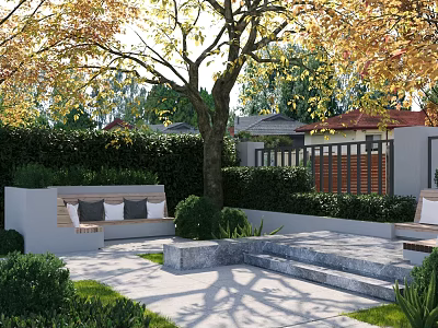 Tranquil Garden Landscape with Yellow Leaf Trees Stone Benches Paved Area and Trimmed Hedges 3d model