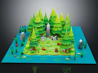 Cartoon Forest Scene With Green Pine Trees Stones Mushrooms Grass Water And Paper Craft 3D Design 3d model
