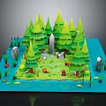 Cartoon Forest Scene With Green Pine Trees Stones Mushrooms Grass Water And Paper Craft 3D Design