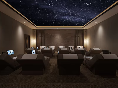 Luxury Cinema Interior With Starry Sky Ceiling Comfortable Seating And Ambient Lighting 3d model