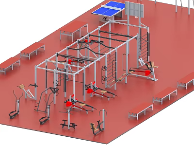 Sports Fitness Training Space With Various Equipment Red Floor Metal Frames And Benches 3d model