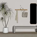 Modern Shoe Cabinet Interior Design With Bench Mirror Hanging Hook And Palm Plant