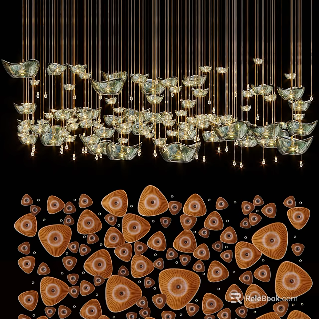 Multiple Crystal Chandeliers Hanging With Golden Chains And Orange Circular Decorations 3d model