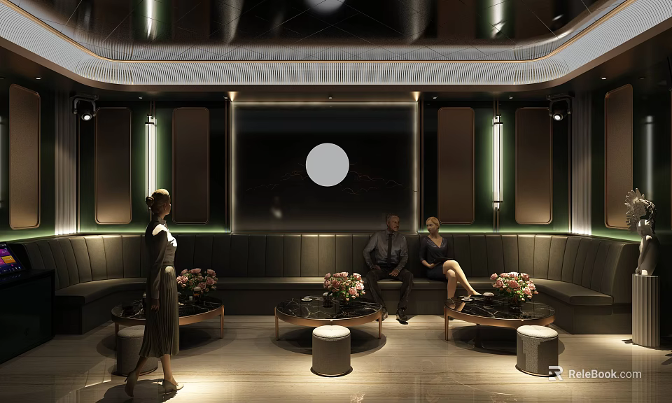 Luxury KTV Lounge Interior with Modern Sofa Seating Coffee Tables and Ambient Lighting 3d model 