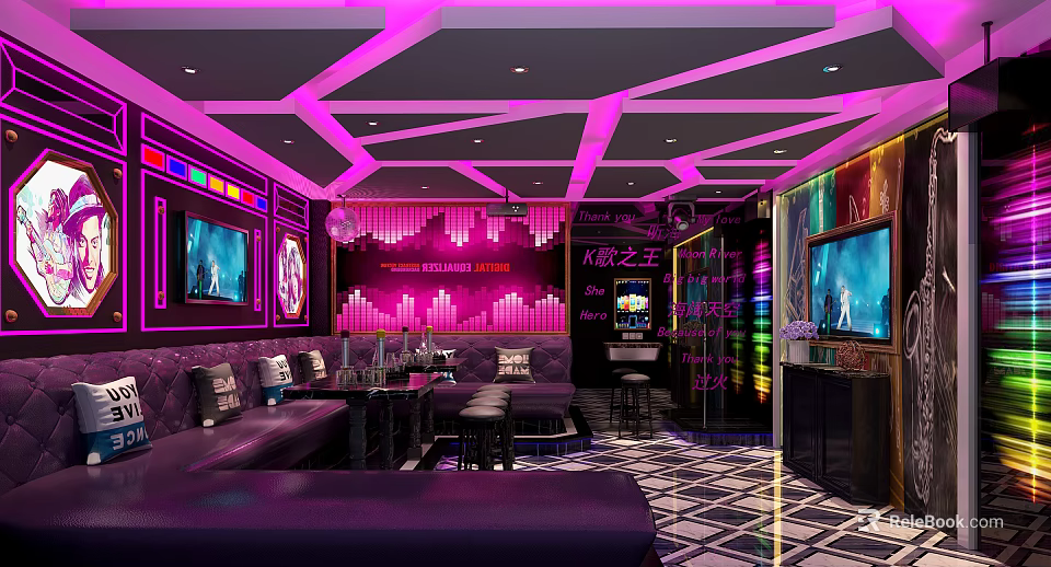 Modern KTV Interior Design With Neon Lights Comfortable Sofa Seating And TV Screens 3d model 