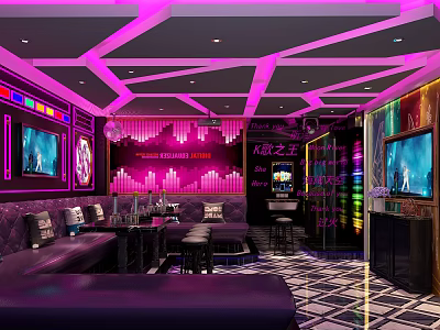 Modern KTV Interior Design With Neon Lights Comfortable Sofa Seating And TV Screens 3d model