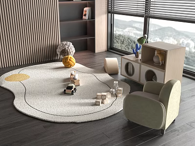 Shaped Rug In Kids Playroom With Toy Cars Building Blocks Small Cabinet And Armchair 3d model