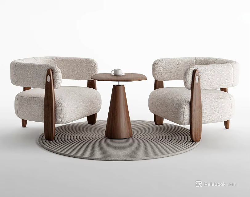 Two Upholstered Armchairs and Round Wooden Table Set with Light Fabric Seats and Round Rug 3d model 