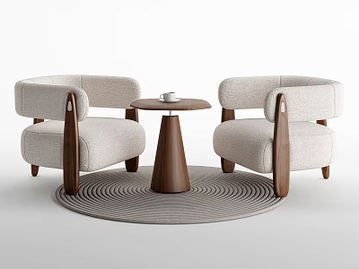 Two Upholstered Armchairs and Round Wooden Table Set with Light Fabric Seats and Round Rug 3d model