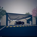 Road Facility Carport With Parked Car Warning Stripes And Surrounding Trees