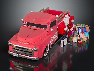 Red Vintage Truck With Santa Claus Colorful Gifts And Coca Cola Branding 3d model