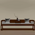 Chinese Luohan Bed with Wooden Frame Gray Pillows Side Table Vase Branch Decor Light Wall