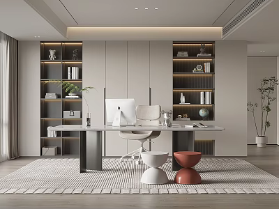 Modern Study Room Interior With Built In Shelves Desk And Decor 3d model