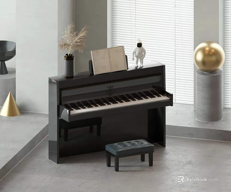Modern Black Piano Interior With Stool Sheet Music Vase And Decorative Ornaments 3d model 