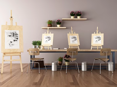 Artistic Desk Workspace With Easel Small Easels Potted Plants On Shelves Chairs And Wooden Floor 3d model