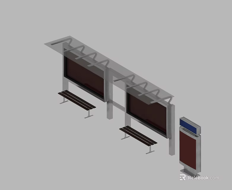Swing Door Equipped Bus Stop Shelter With Benches And Digital Screens 3d model 